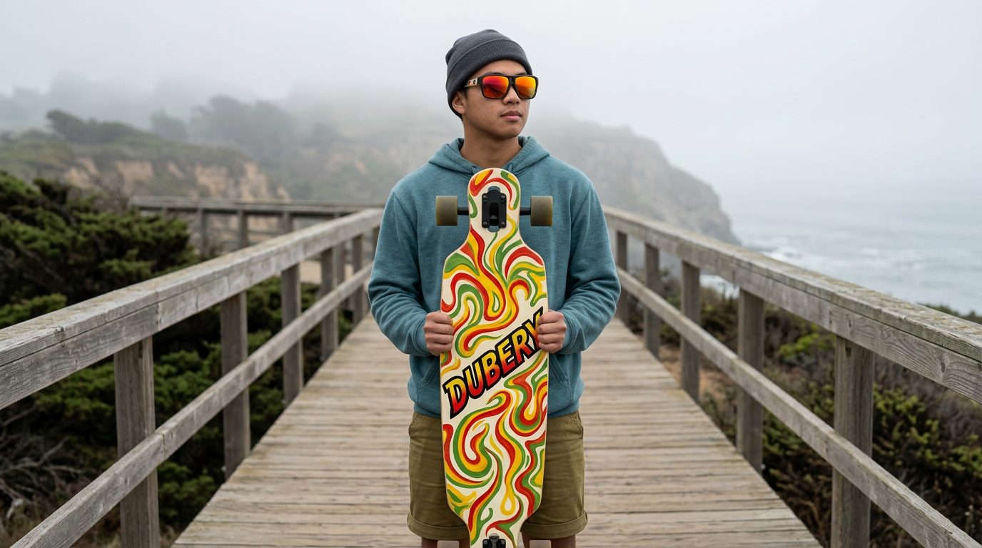 DUBERY rasta longboard deck on the boardwalk